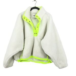 American Eagle Womens Sherpa Pullover Cropped Medium White Green 1/2 Snap Pocket